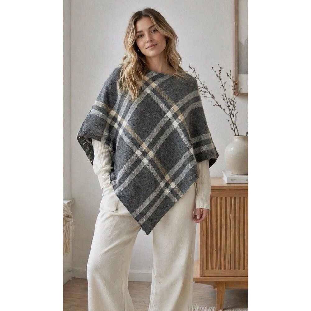 Nardi & Tagliaferri Alpaca Blend Poncho One Size Grey Plaid Wool Made in Italy